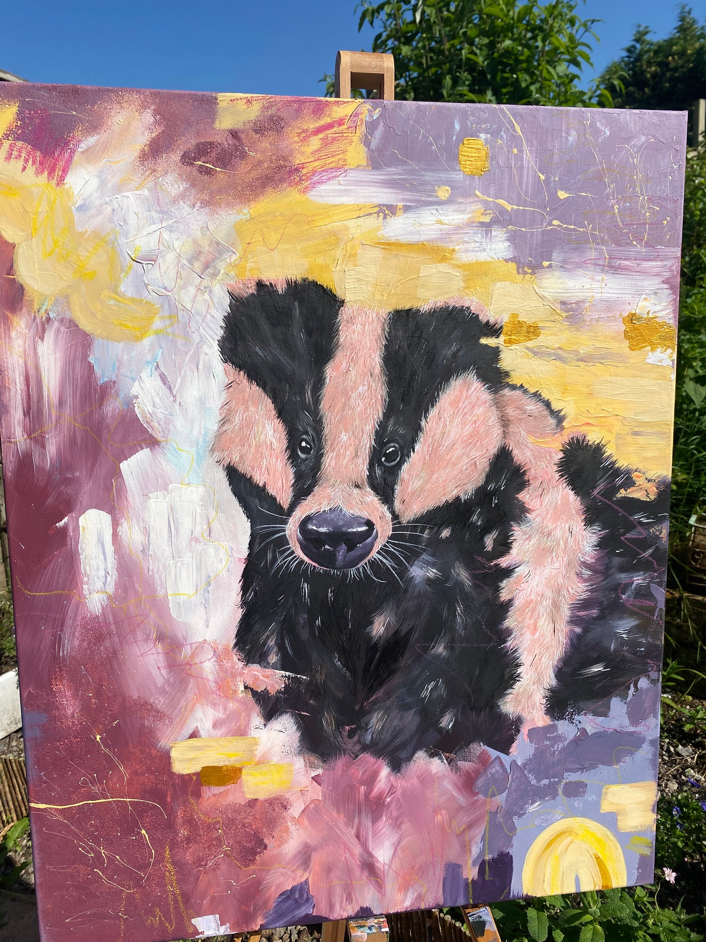 Summer Violets - Acrylic painting on canvas. Badger painting, wildlife painting, nature art, Cottage core