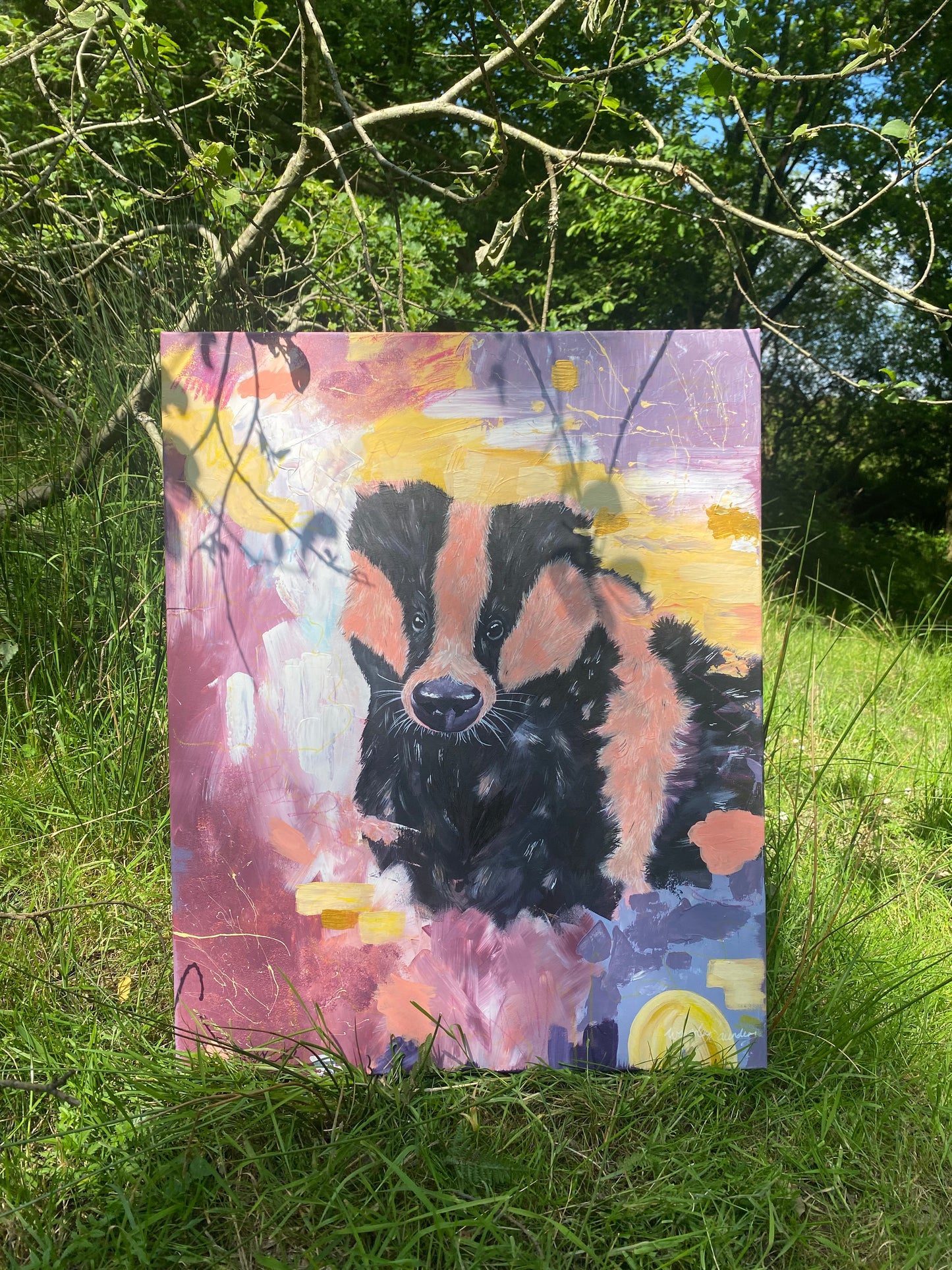 Summer Violets - Acrylic painting on canvas. Badger painting, wildlife painting, nature art, Cottage core