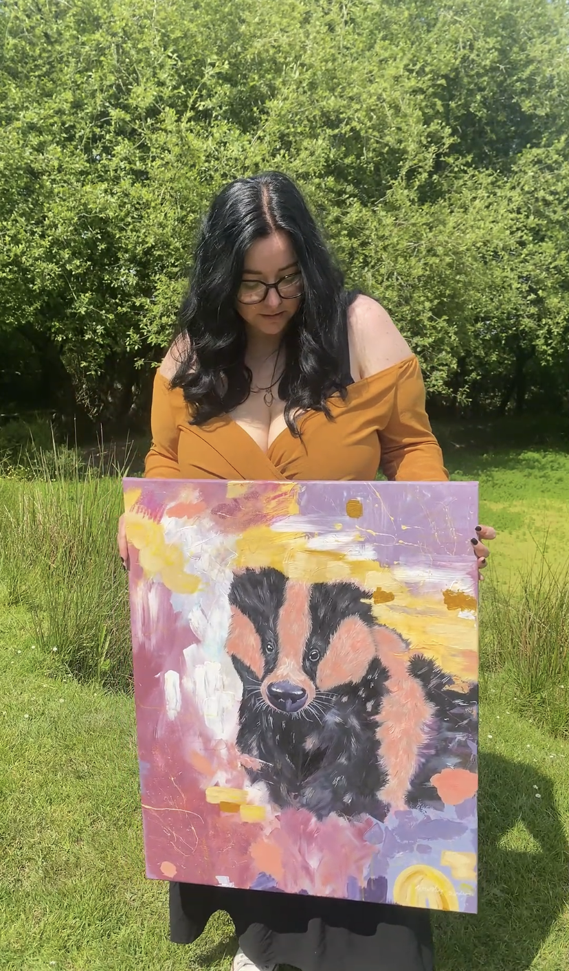 Summer Violets - Acrylic painting on canvas. Badger painting, wildlife painting, nature art, Cottage core